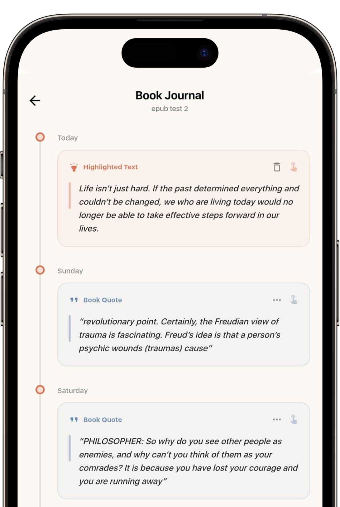Biblio's Book Journal automatically captures every highlight, note, and thought you have while reading, organizing them into a beautifully designed timeline that chronicles your intellectual evolution.